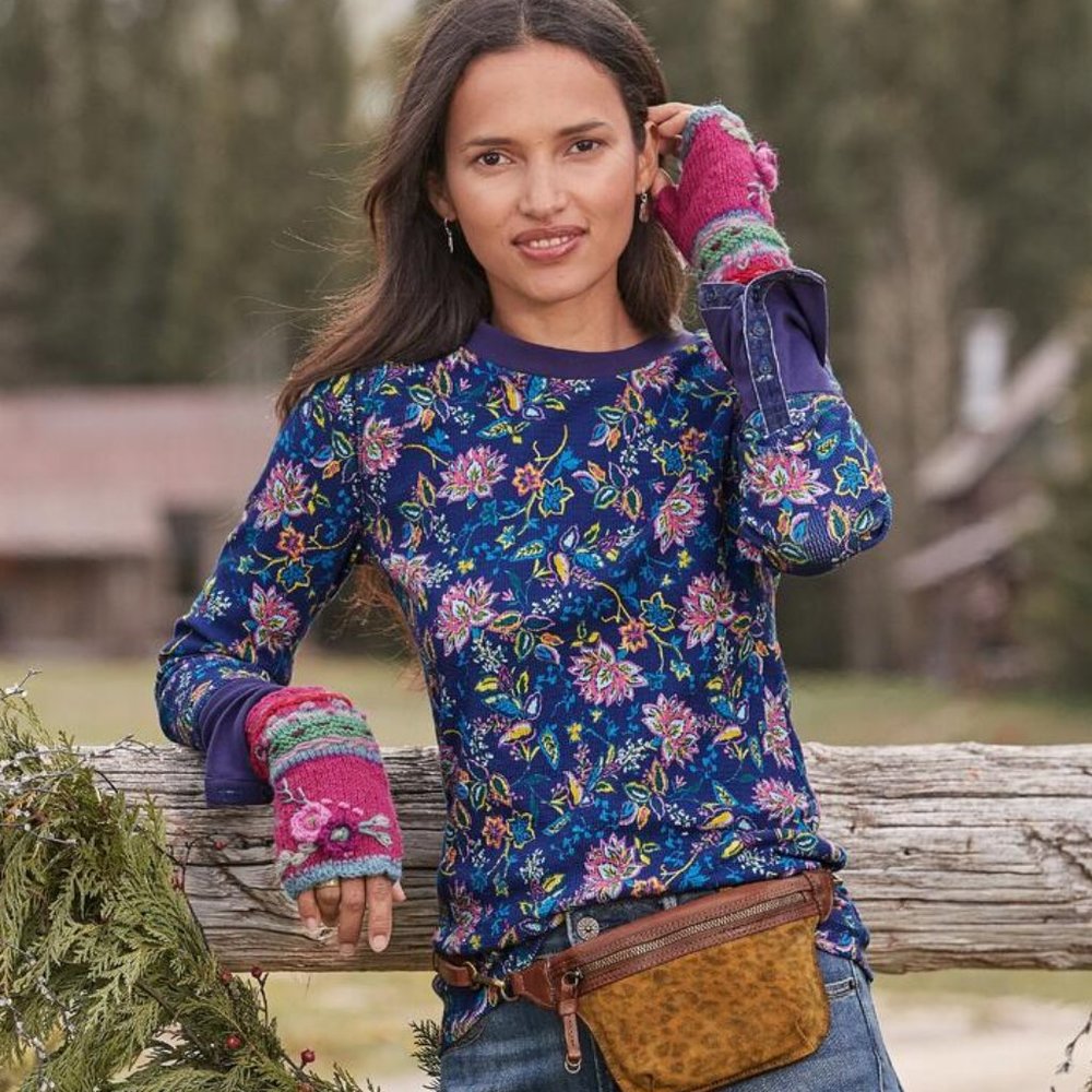 Sundance In Bloom Thermal Top Blue Pink Size Large L Long Sleeve Crew Neckline